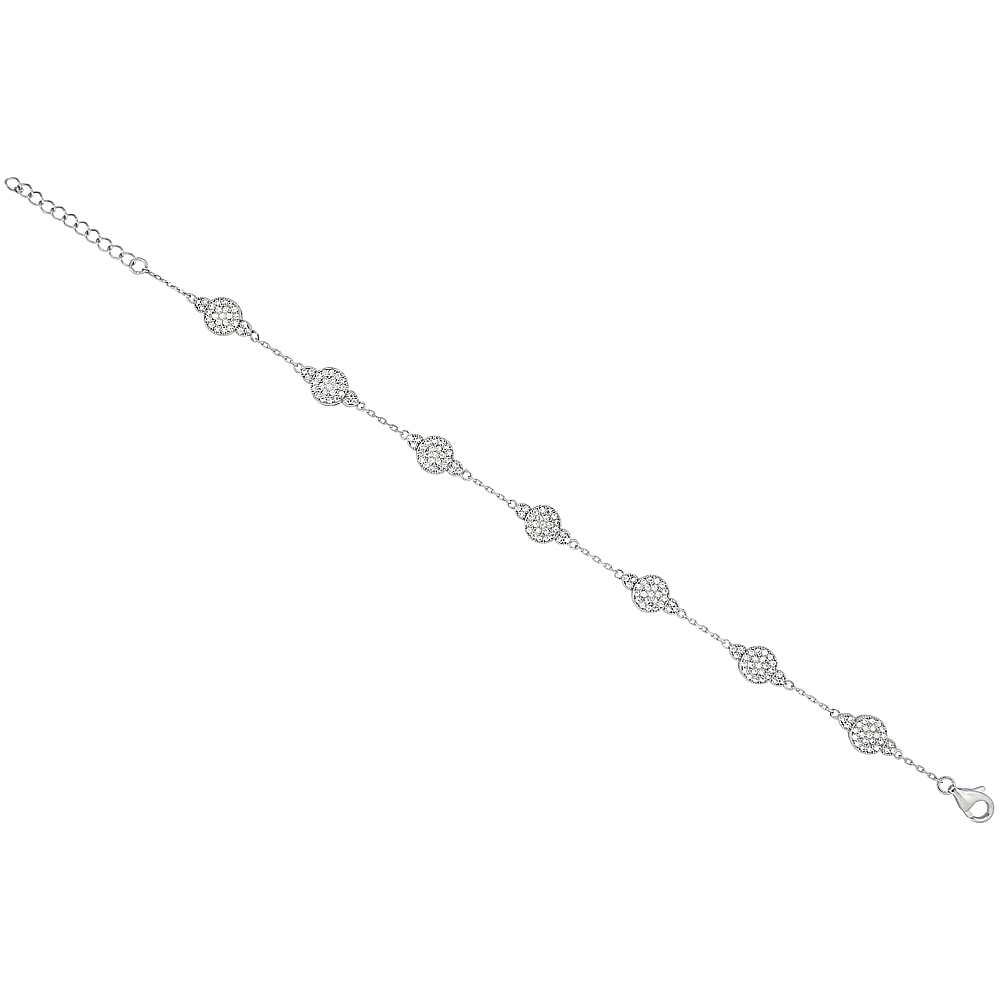 Sterling Silver Micro Pave Cubic Zirconia Circles Bracelet, 6.75 inches long + 1 in extension
