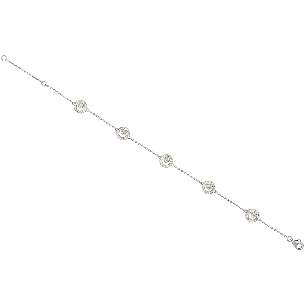 Sterling Silver Micro Pave Cubic Zirconia Circles Charm Bracelet, 7 inches long + 1 in extension
