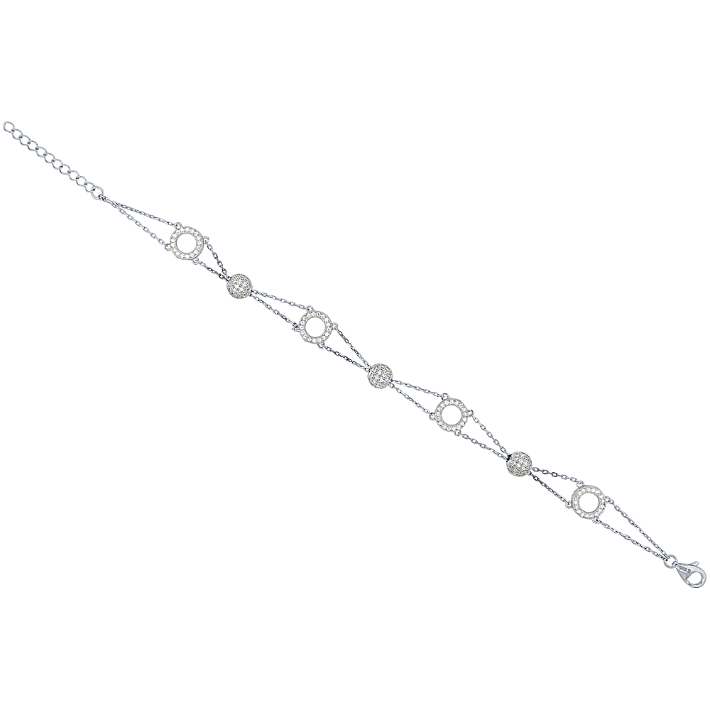 Sterling Silver Micro Pave Cubic Zirconia Balls & Circles Charm Bracelet, 6.5 inches long + 1 in extension
