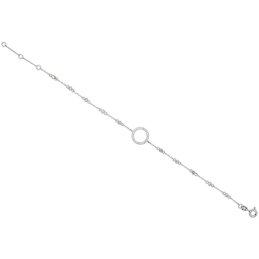 Sterling Silver Micro Pave Cubic Zirconia Floating Circle Charm Bracelet, 6.5 - 7.5 inches long