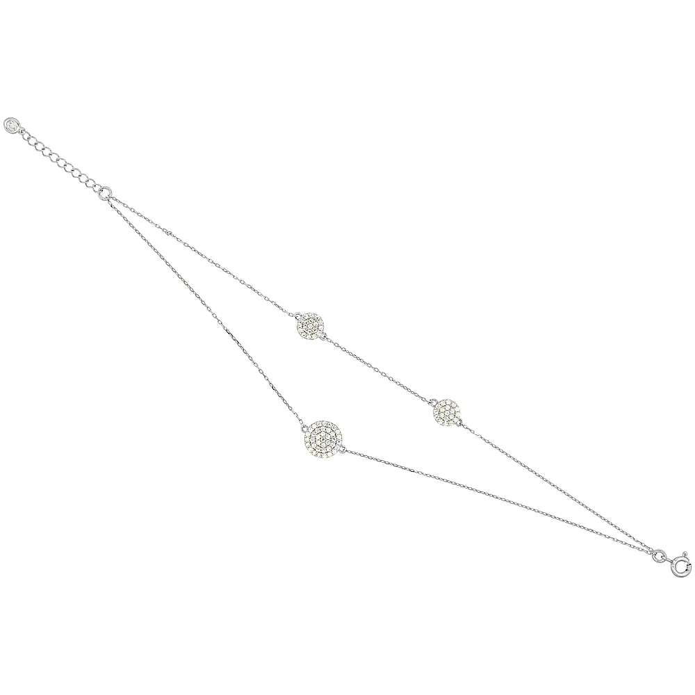 Sterling Silver Cubic Zirconia Circles 2-strand Charm Bracelet, 7.25 inches long + 1 in extension