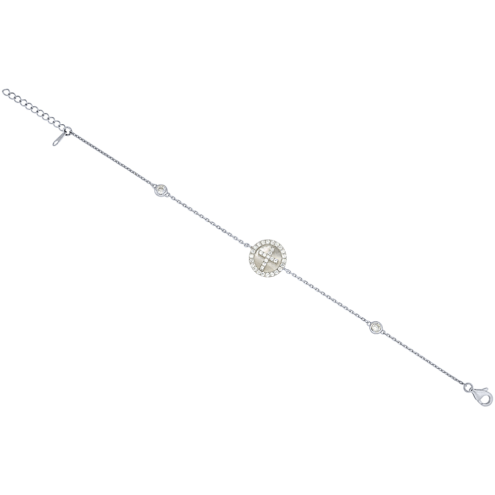 Sterling Silver Cubic Zirconia Cross Charm Bracelet, 7 inches long + 1 in extension
