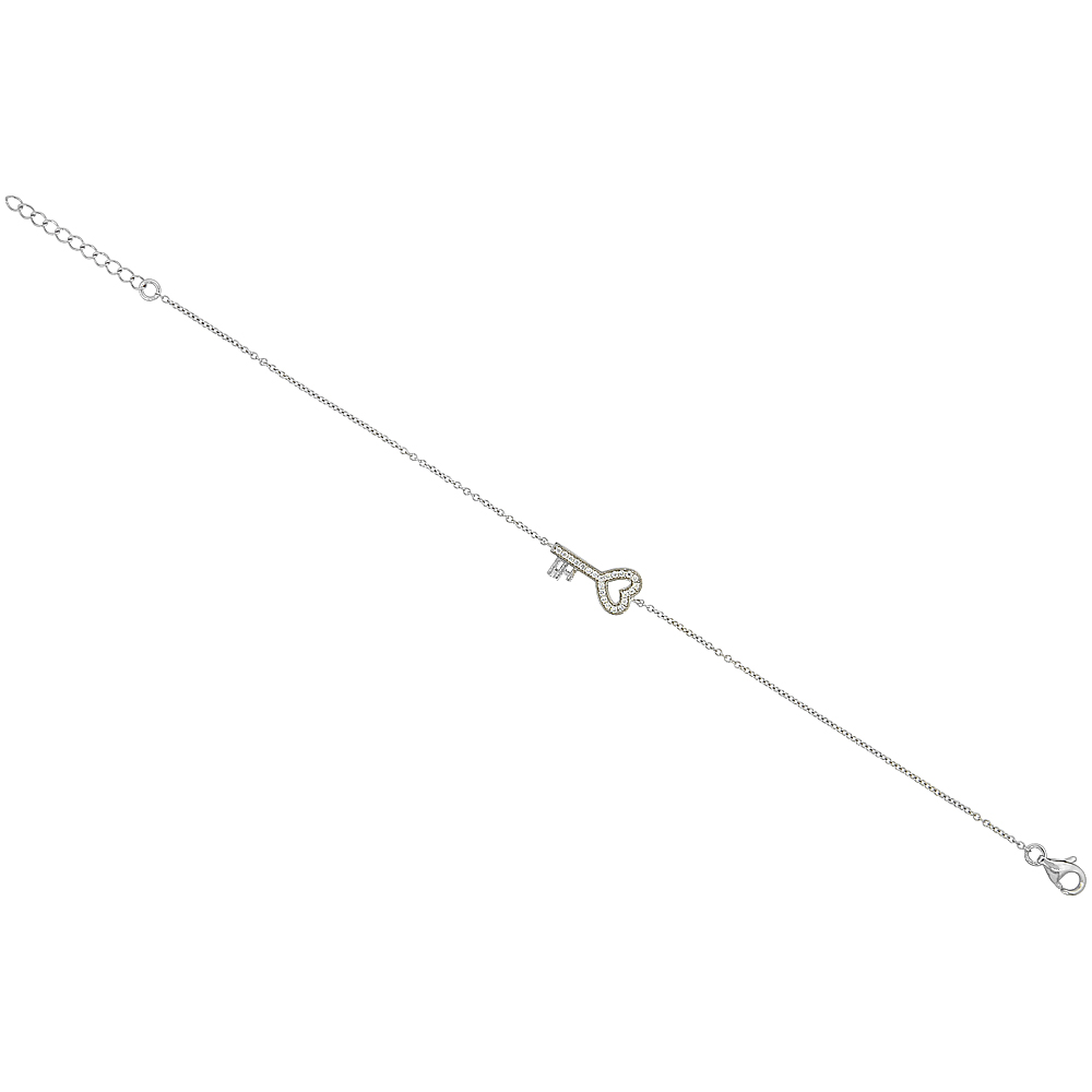 Sterling Silver Micro Pave Cubic Zirconia Key Charm Bracelet, 7 inches long + 1 in extension