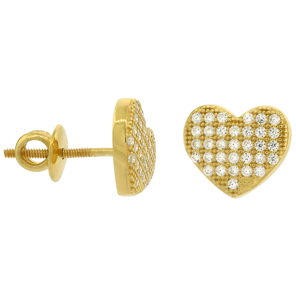 Sterling Silver Micro Pave Cubic Zirconia Heart Screw back Post Earrings Yellow Gold Plated