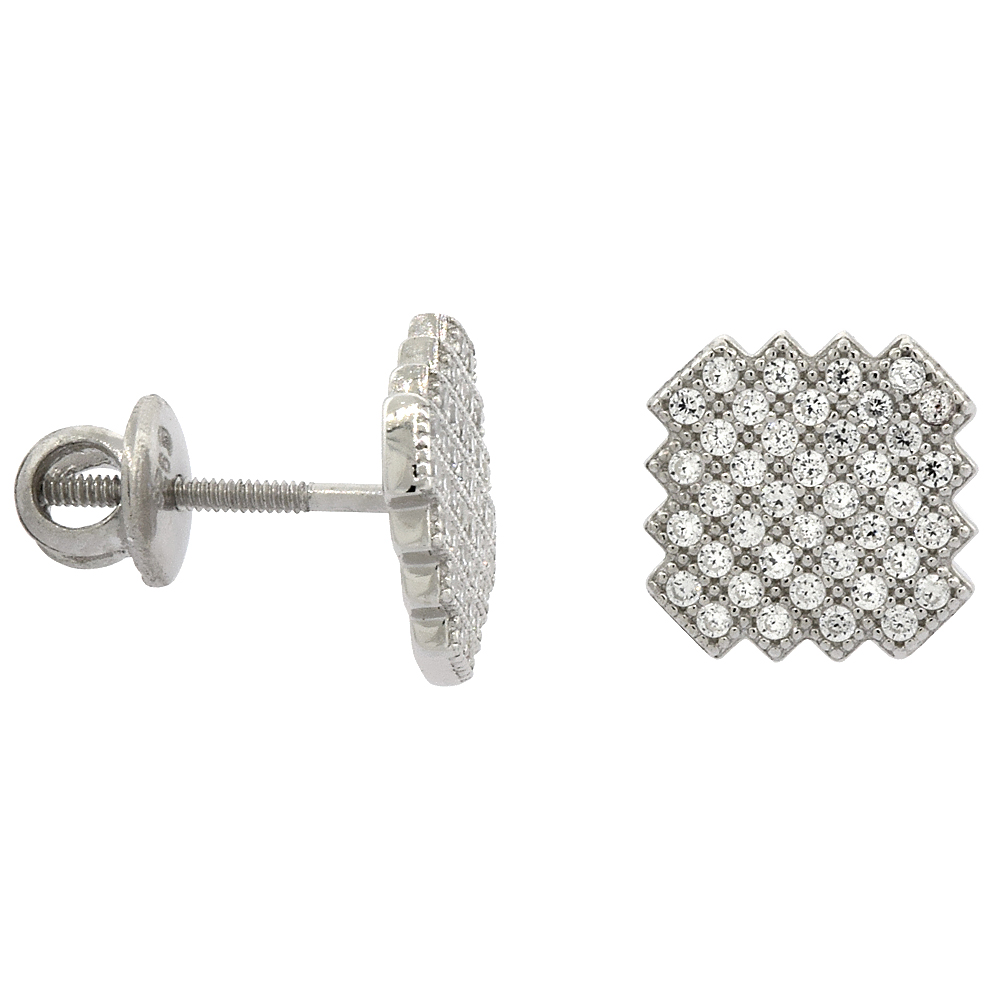 Sterling Silver Micro Pave Cubic Zirconia Jagged Square Screw back Post Earrings Rhodium Finish
