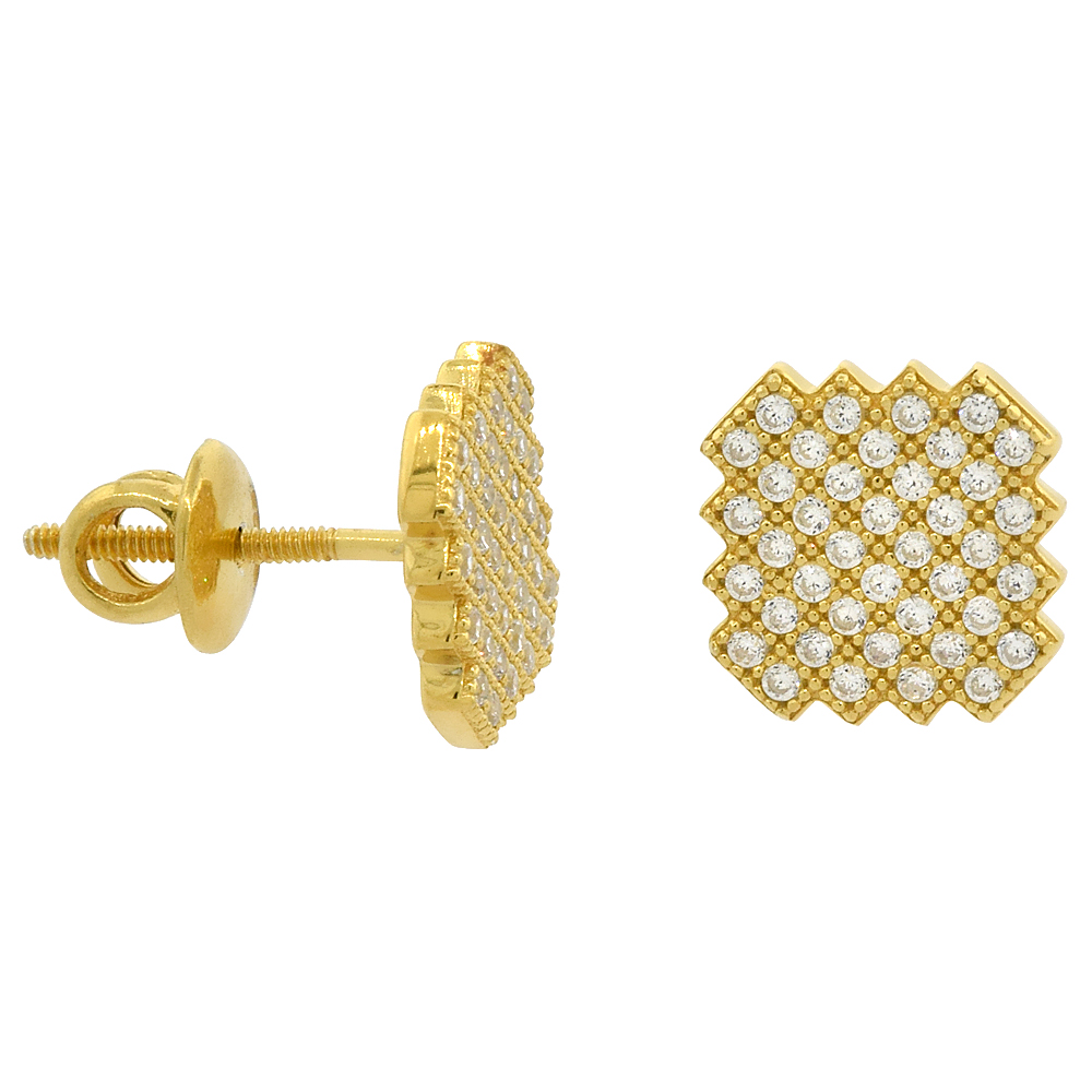 Sterling Silver Micro Pave Cubic Zirconia Jagged Square Screw back Post Earrings Yellow Gold Plated