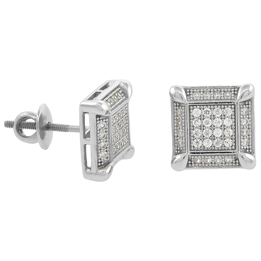 Sterling Silver Micro Pave Cubic Zirconia Prong Set Square Screw back Post Earrings Rhodium Finish