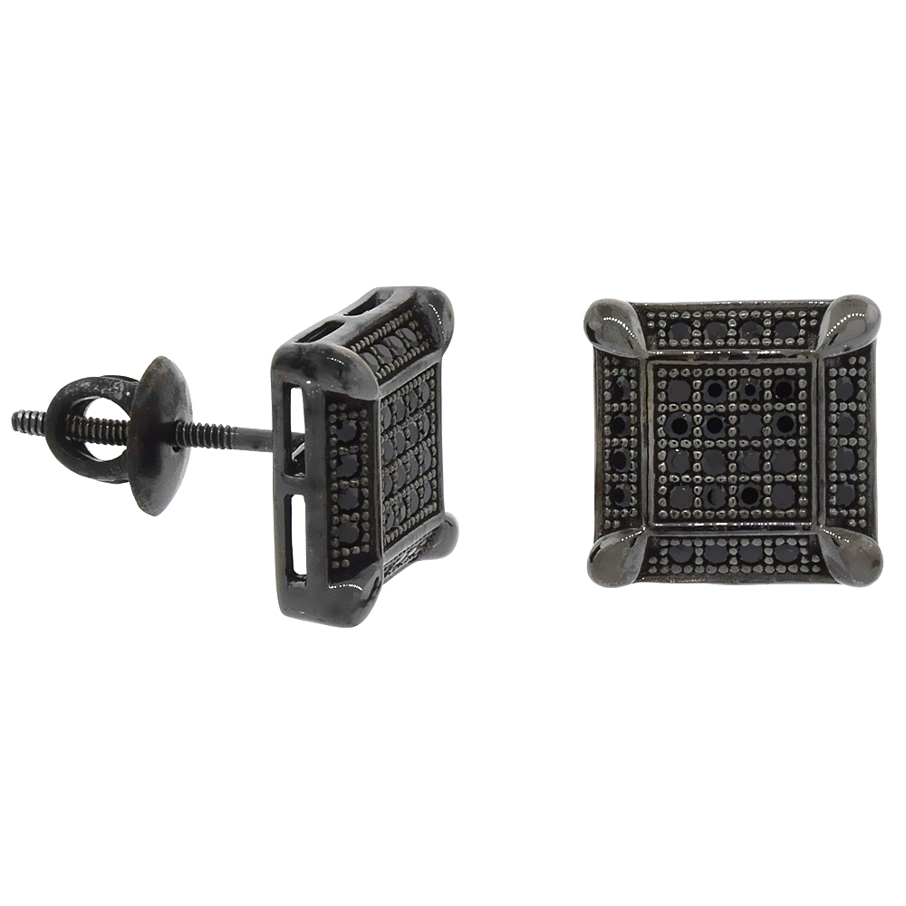 Sterling Silver Micro Pave Cubic Zirconia Prong Set Square Screw back Post Earrings Black Rhodium Finish