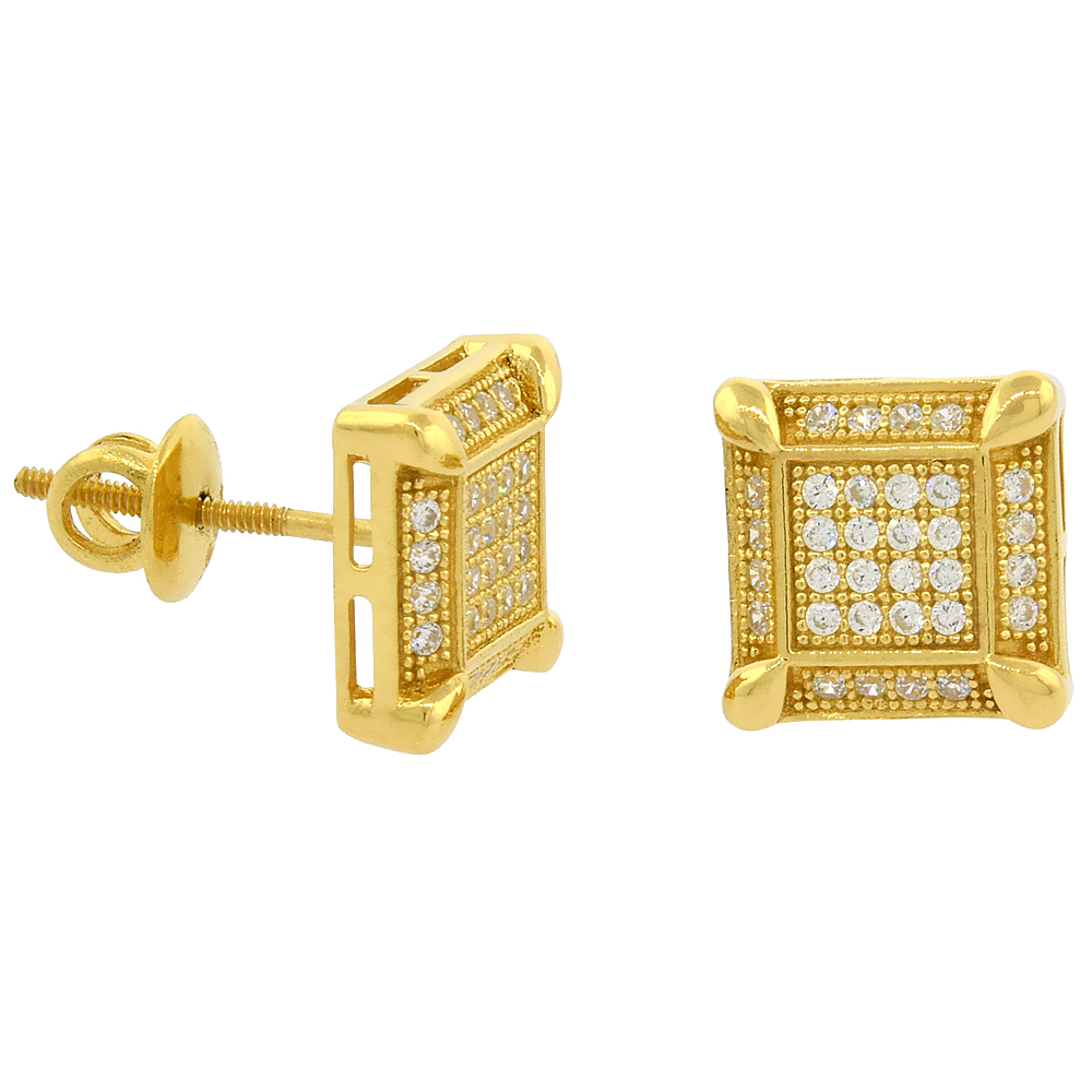 Sterling Silver Micro Pave Cubic Zirconia Prong Set Square Screw back Post Earrings Yellow Gold Plated