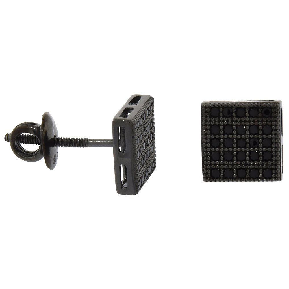 Sterling Silver Micro Pave Cubic Zirconia Square Screw back Post Earrings Black Rhodium Finish