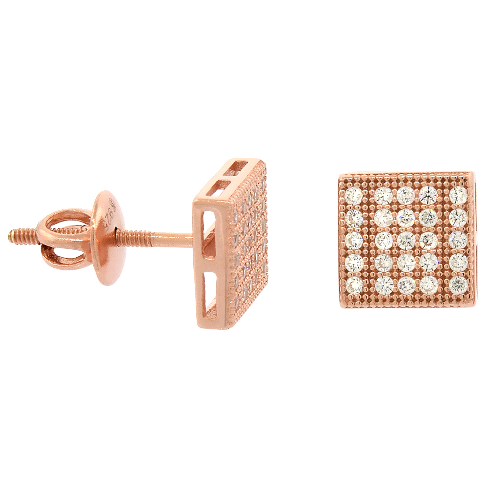 Sterling Silver Micro Pave Cubic Zirconia Square Screw back Post Earrings Rose Gold Plated