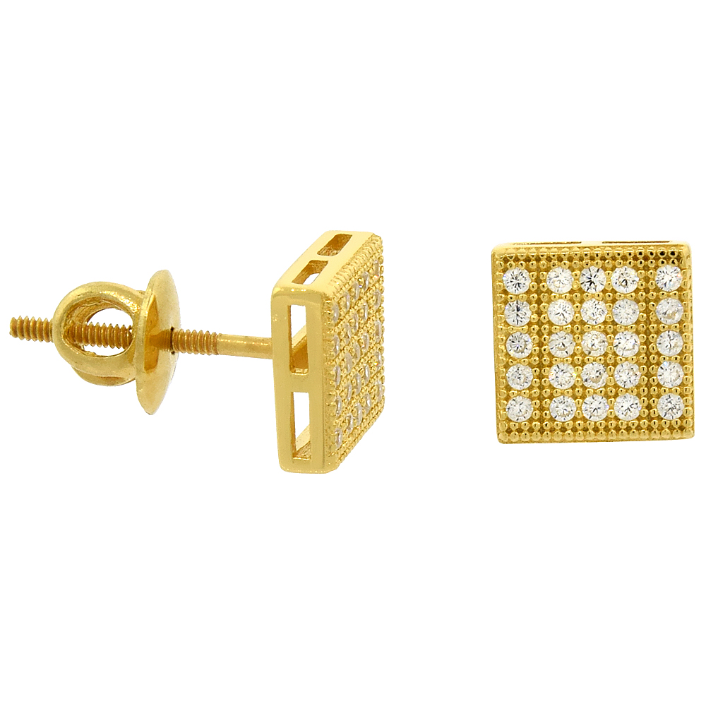 Sterling Silver Micro Pave Cubic Zirconia Square Screw back Post Earrings Yellow Gold Plated