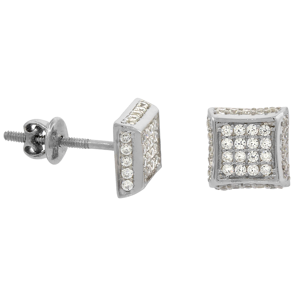 Sterling Silver Micro Pave Cubic Zirconia 2-D Square Screw back Post Earrings Rhodium Finish