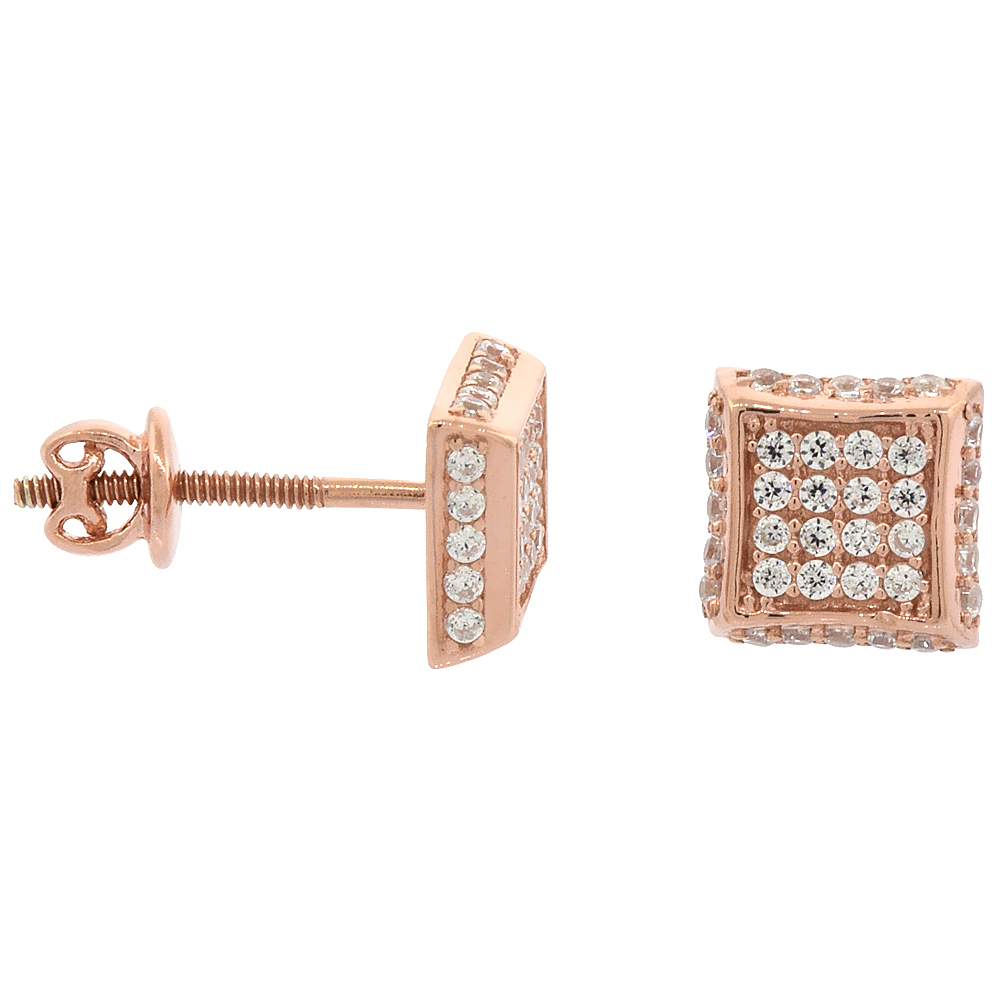 Sterling Silver Micro Pave Cubic Zirconia 2-D Square Screw back Post Earrings Rose Gold Plated