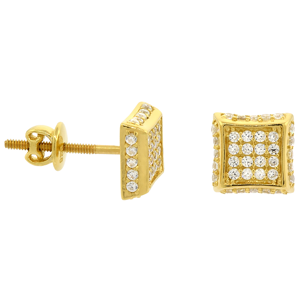 Sterling Silver Micro Pave Cubic Zirconia 2-D Square Screw back Post Earrings Yellow Gold Plated