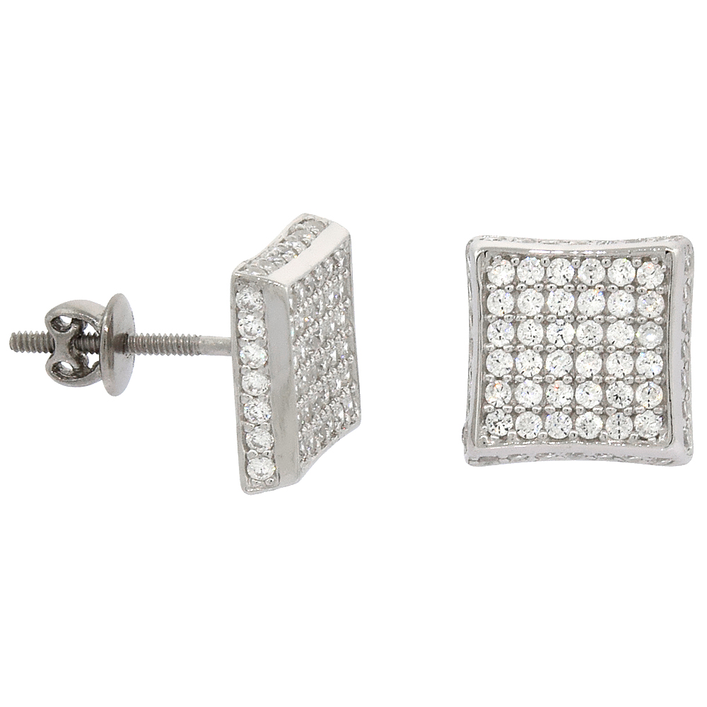 Sterling Silver Micro Pave Cubic Zirconia Large 2-D Square Screw back Post Earrings Rhodium Finish
