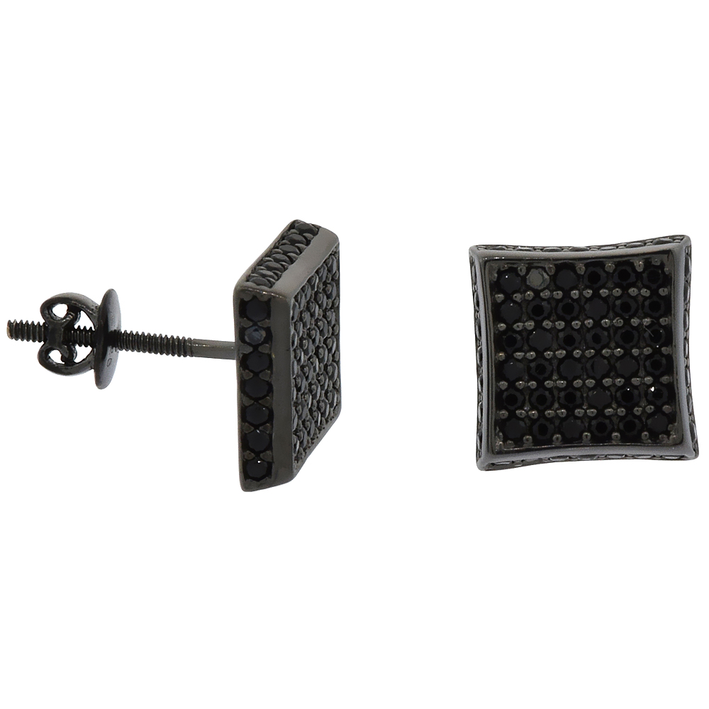Sterling Silver Micro Pave Cubic Zirconia Large 2-D Square Screw back Post Earrings Black Rhodium Finish