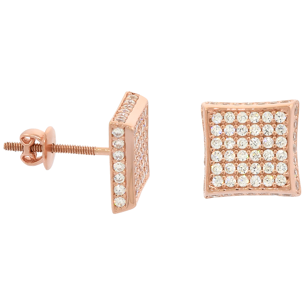 Sterling Silver Micro Pave Cubic Zirconia Large 2-D Square Screw back Post Earrings Rose Gold Plated