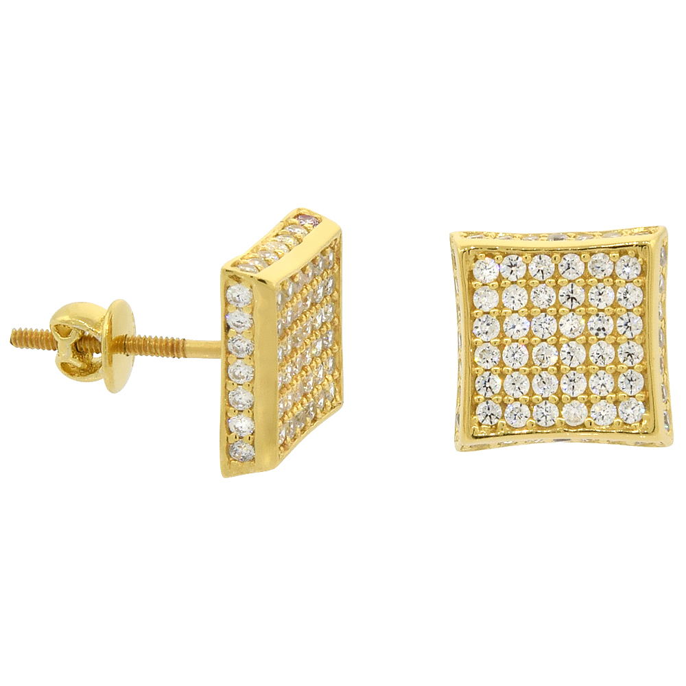 Sterling Silver Micro Pave Cubic Zirconia Large 2-D Square Screw back Post Earrings Yellow Gold Plated
