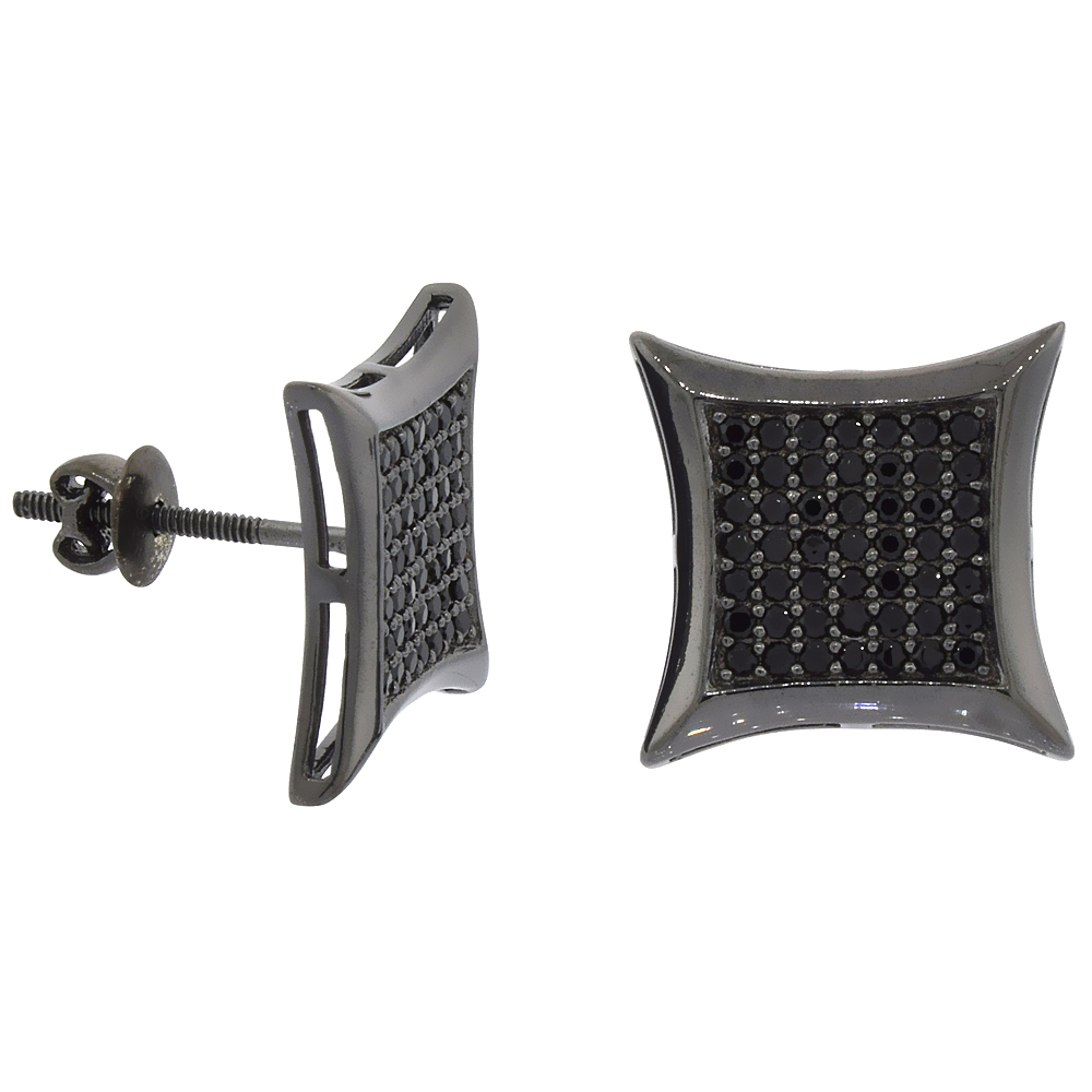 Sterling Silver Micro Pave Cubic Zirconia Curvy Square Screw back Post Earrings Black Rhodium Finish