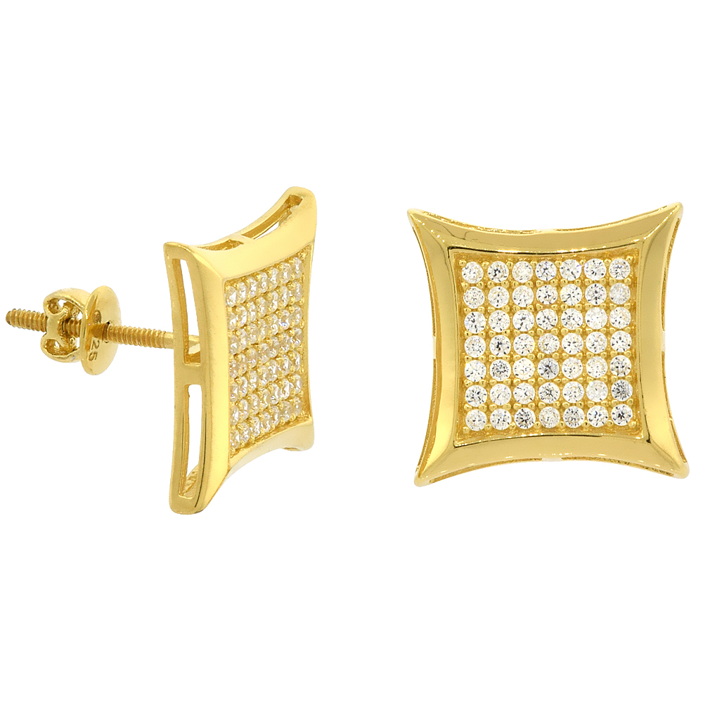 Sterling Silver Micro Pave Cubic Zirconia Curvy Square Screw back Post Earrings Yellow Gold Plated