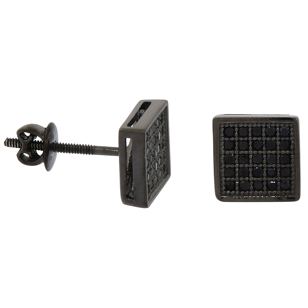 Sterling Silver Micro Pave Cubic Zirconia Small Square Screw back Post Earrings Black Rhodium Finish