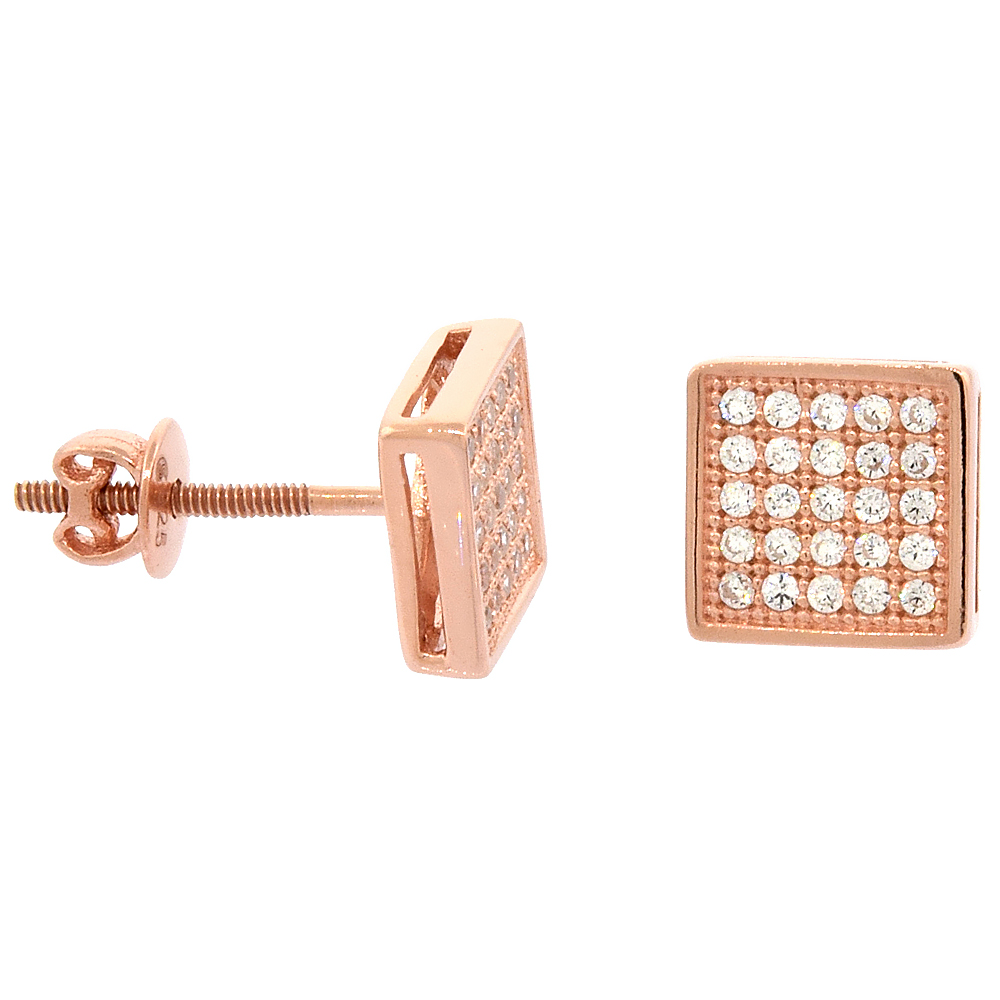 Sterling Silver Micro Pave Cubic Zirconia Small Square Screw back Post Earrings Rose Gold Plated