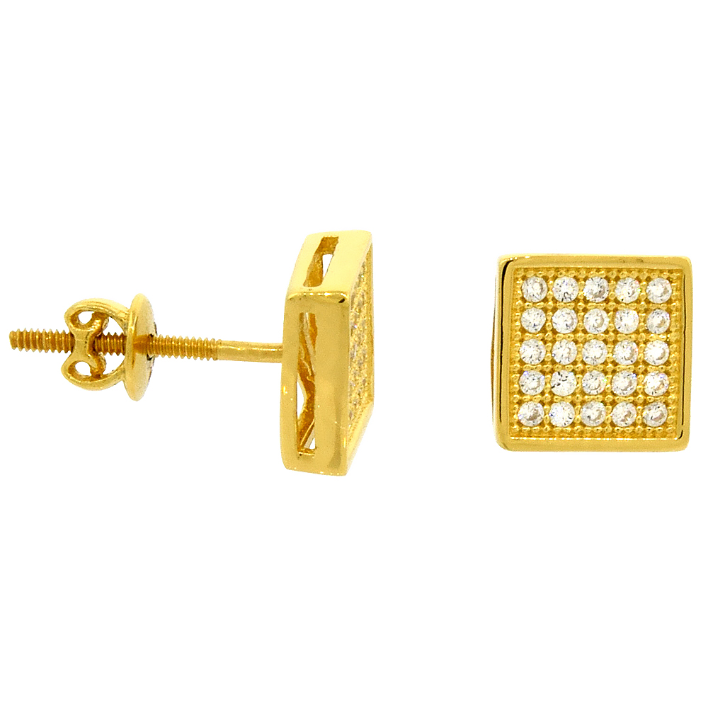 Sterling Silver Micro Pave Cubic Zirconia Small Square Screw back Post Earrings Yellow Gold Plated