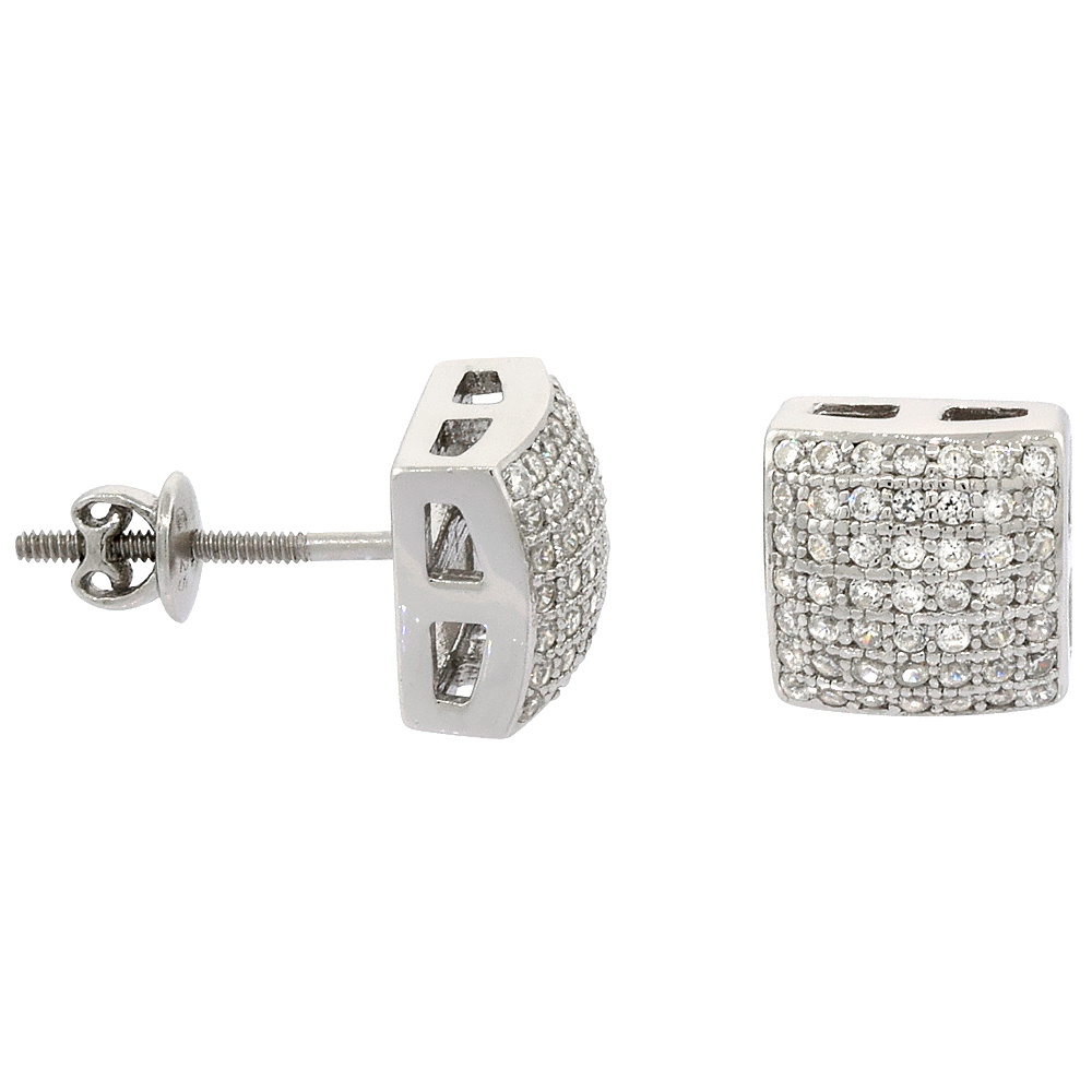 Sterling Silver Micro Pave Cubic Zirconia Convex Square Screw back Post Earrings Rhodium Finish