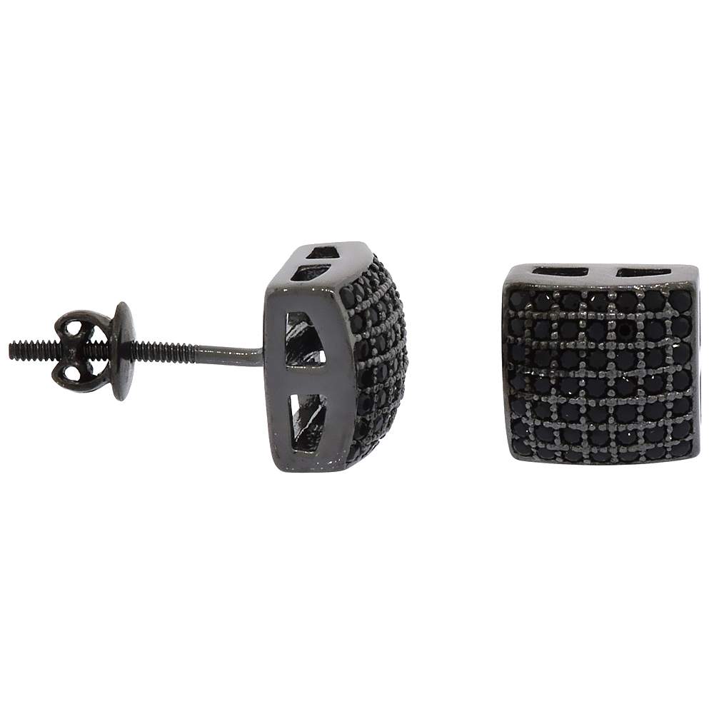 Sterling Silver Micro Pave Cubic Zirconia Convex Square Screw back Post Earrings Black Rhodium Finish