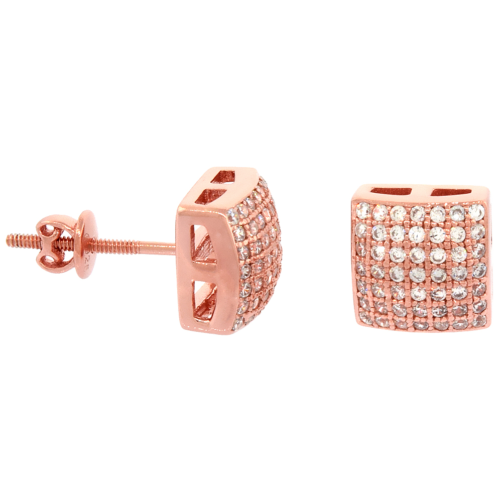 Sterling Silver Micro Pave Cubic Zirconia Convex Square Screw back Post Earrings Rose Gold Plated