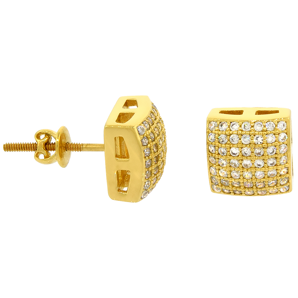 Sterling Silver Micro Pave Cubic Zirconia Convex Square Screw back Post Earrings Yellow Gold Plated