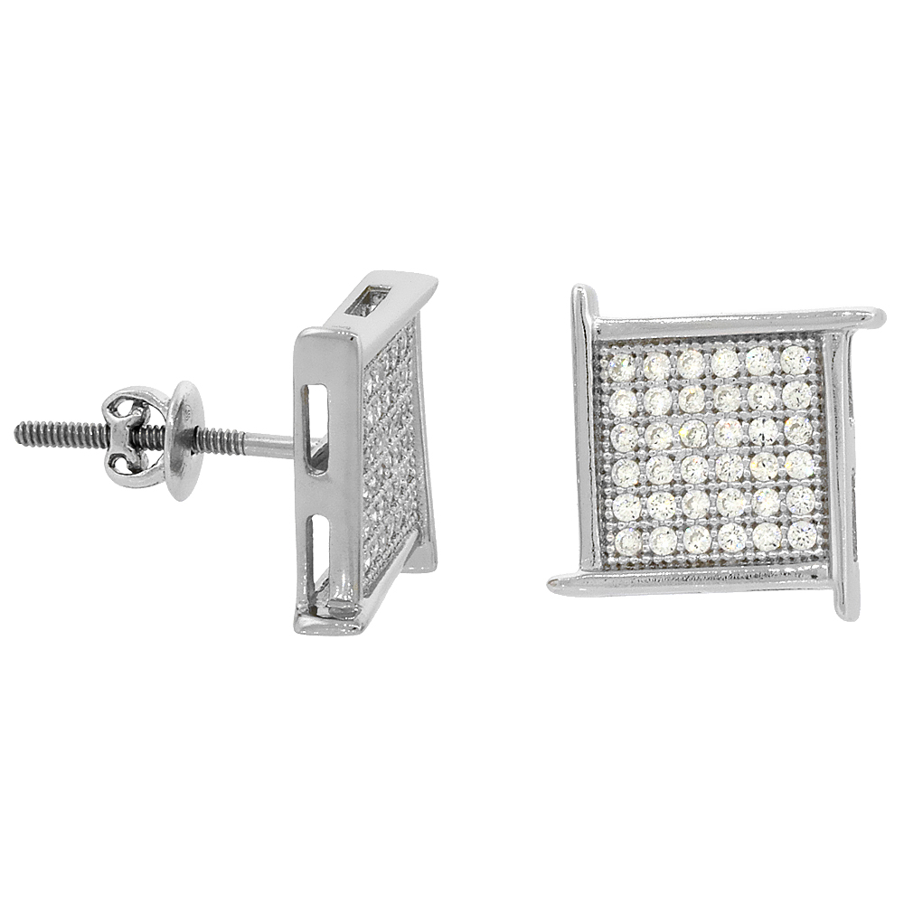 Sterling Silver Micro Pave Cubic Zirconia Square Grid Screw back Post Earrings Rhodium Finish