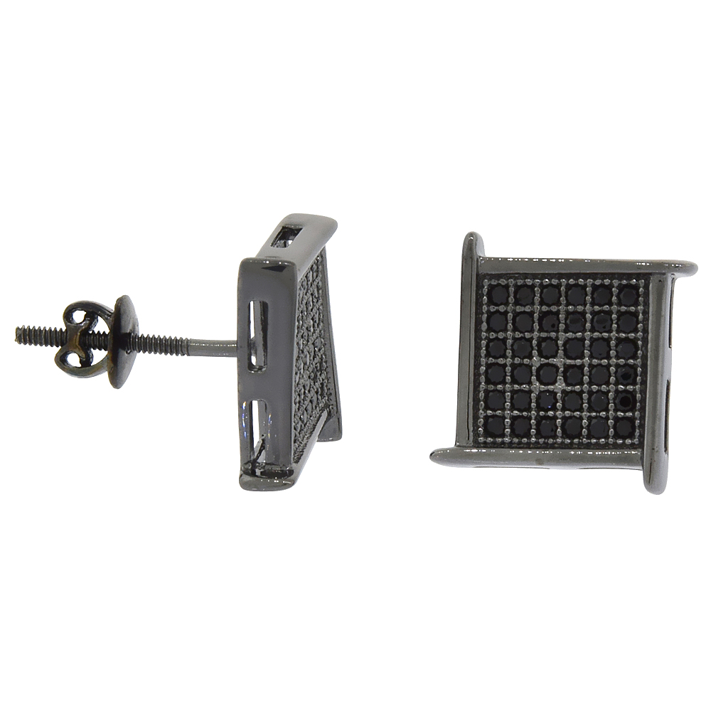 Sterling Silver Micro Pave Cubic Zirconia Square Grid Screw back Post Earrings Black Rhodium Finish