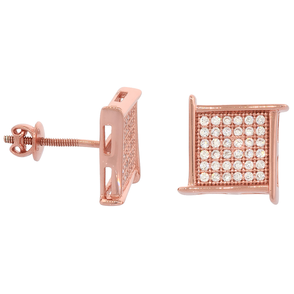 Sterling Silver Micro Pave Cubic Zirconia Square Grid Screw back Post Earrings Rose Gold Plated