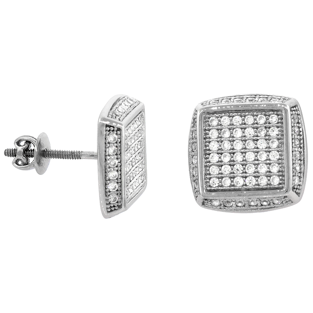 Sterling Silver Micro Pave Cubic Zirconia Cushion cut Screw back Post Earrings Rhodium Finish