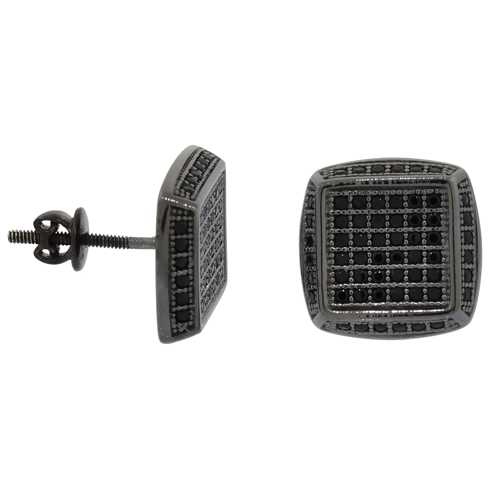 Sterling Silver Micro Pave Cubic Zirconia Cushion cut Screw back Post Earrings Black Rhodium Finish