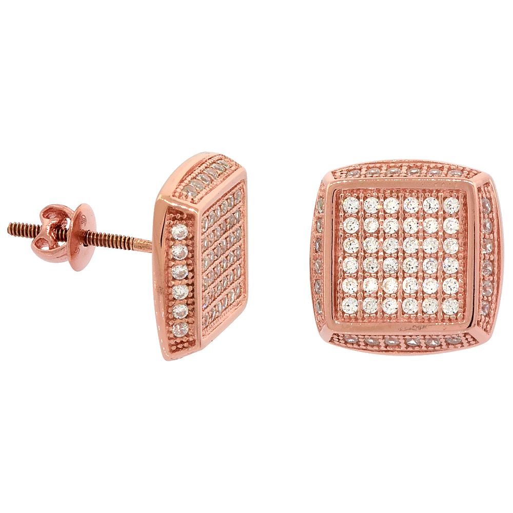 Sterling Silver Micro Pave Cubic Zirconia Cushion cut Screw back Post Earrings Rose Gold Plated