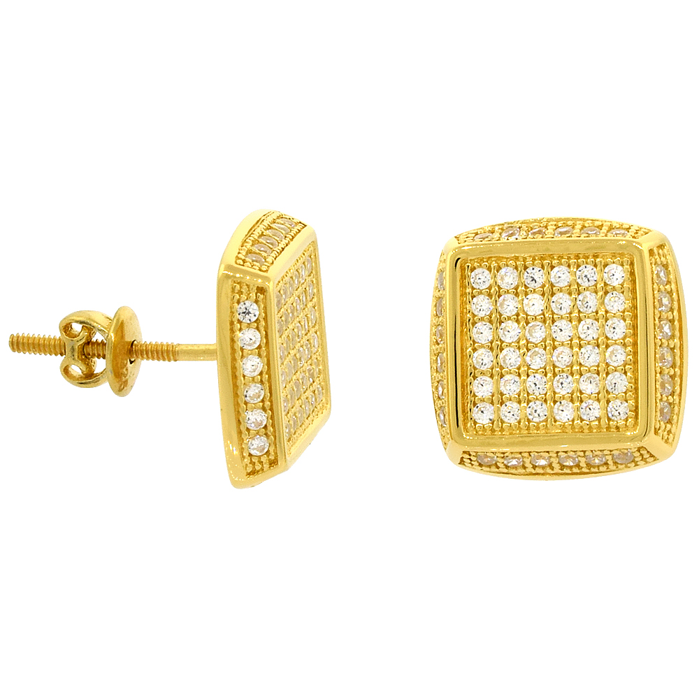 Sterling Silver Micro Pave Cubic Zirconia Cushion cut Screw back Post Earrings Yellow Gold Plated