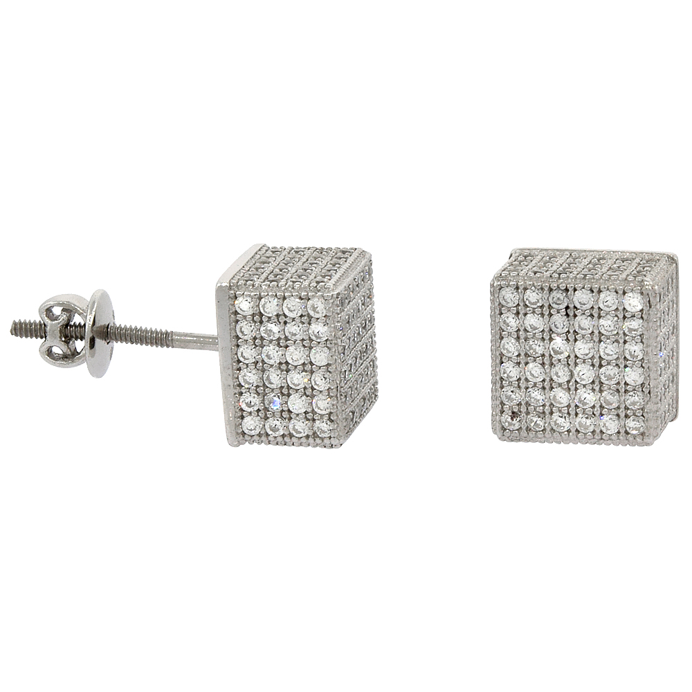 Sterling Silver Micro Pave Cubic Zirconia Cube Screw back Post Earrings Rhodium Finish