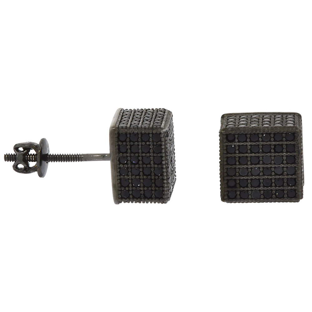 Sterling Silver Micro Pave Cubic Zirconia Cube Screw back Post Earrings Black Rhodium Finish