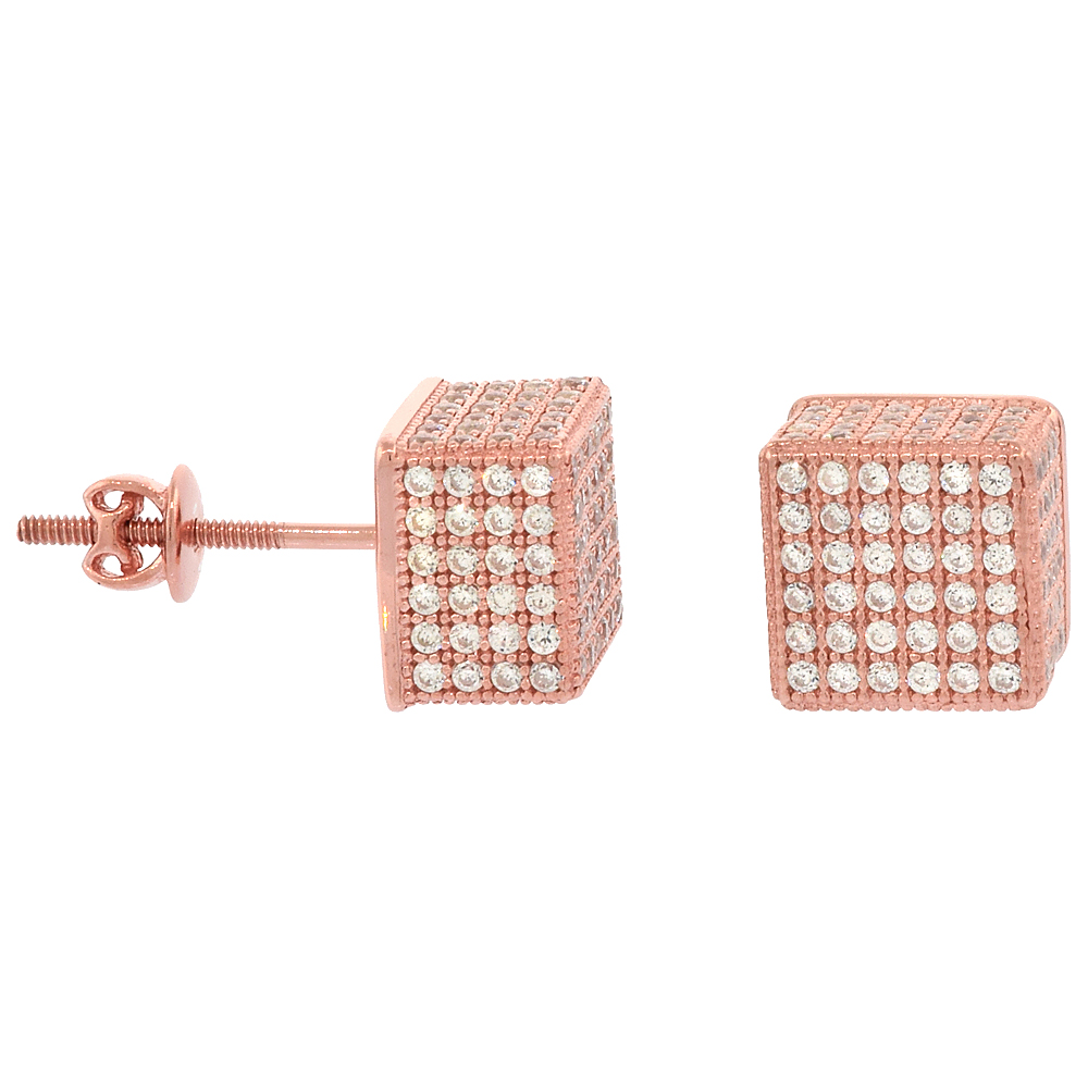 Sterling Silver Micro Pave Cubic Zirconia Cube Screw back Post Earrings Rose Gold Plated