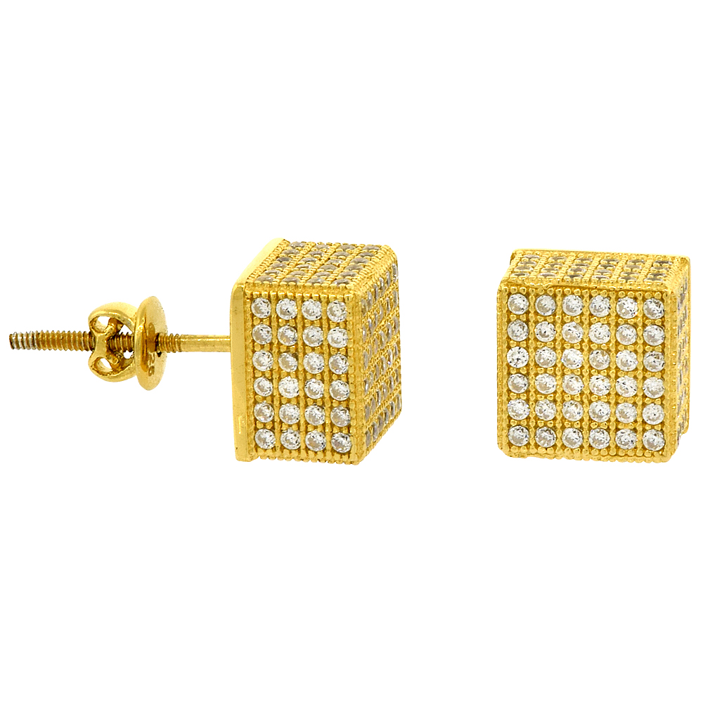 Sterling Silver Micro Pave Cubic Zirconia Cube Screw back Post Earrings Yellow Gold Plated