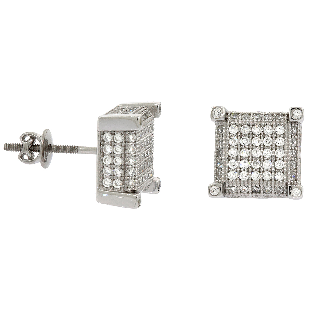 Sterling Silver Micro Pave Cubic Zirconia Prong set cube Screw back Post Earrings Rhodium Finish