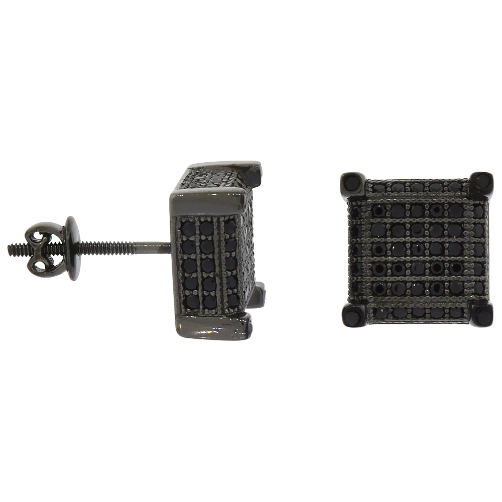 Sterling Silver Micro Pave Cubic Zirconia Prong set cube Screw back Post Earrings Black Rhodium Finish