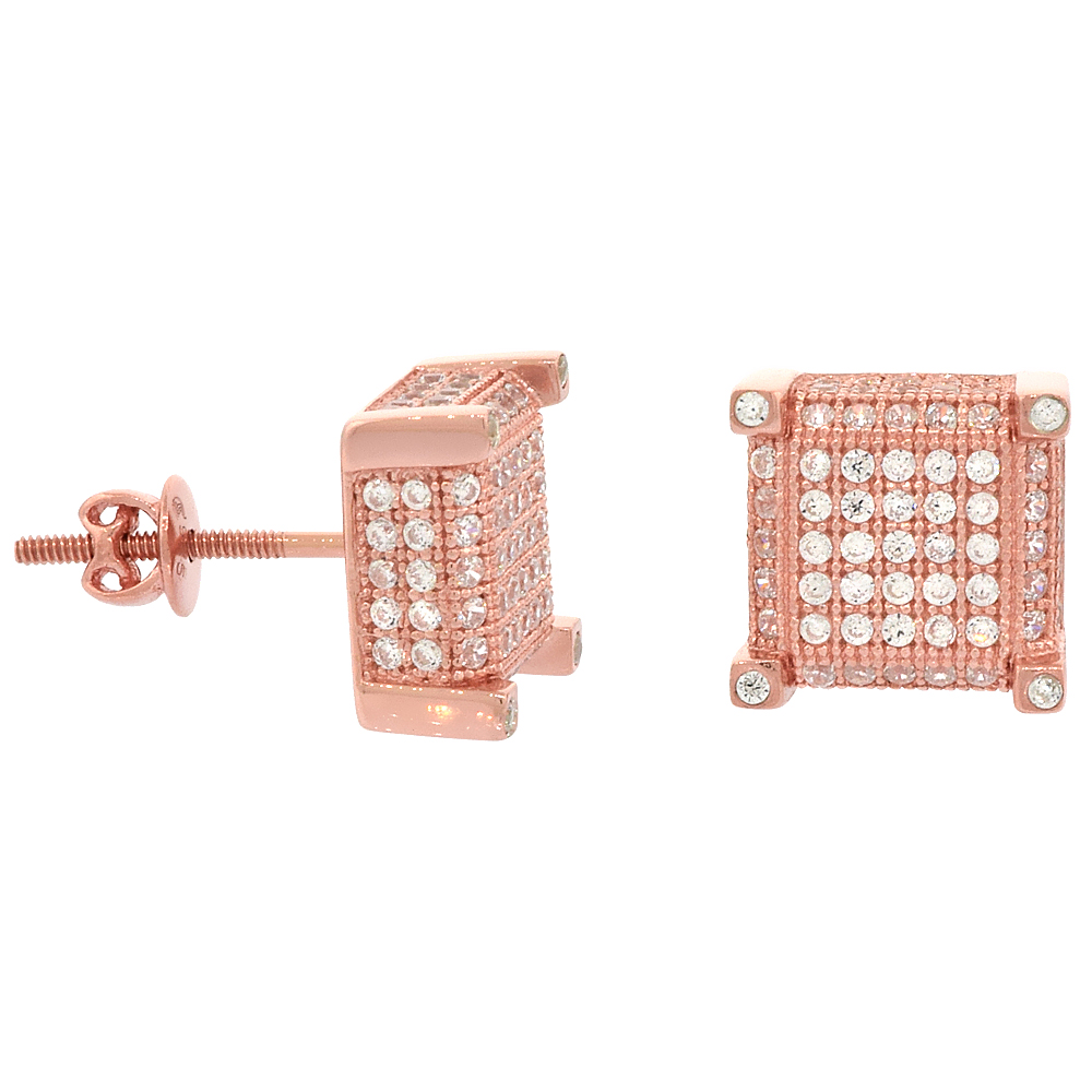 Sterling Silver Micro Pave Cubic Zirconia Prong set cube Screw back Post Earrings Rose Gold Plated