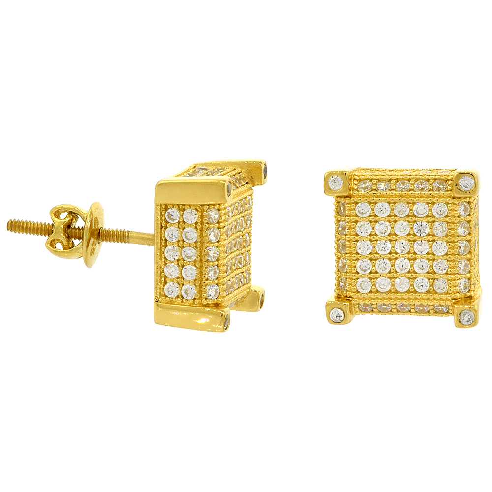 Sterling Silver Micro Pave Cubic Zirconia Prong set cube Screw back Post Earrings Yellow Gold Plated