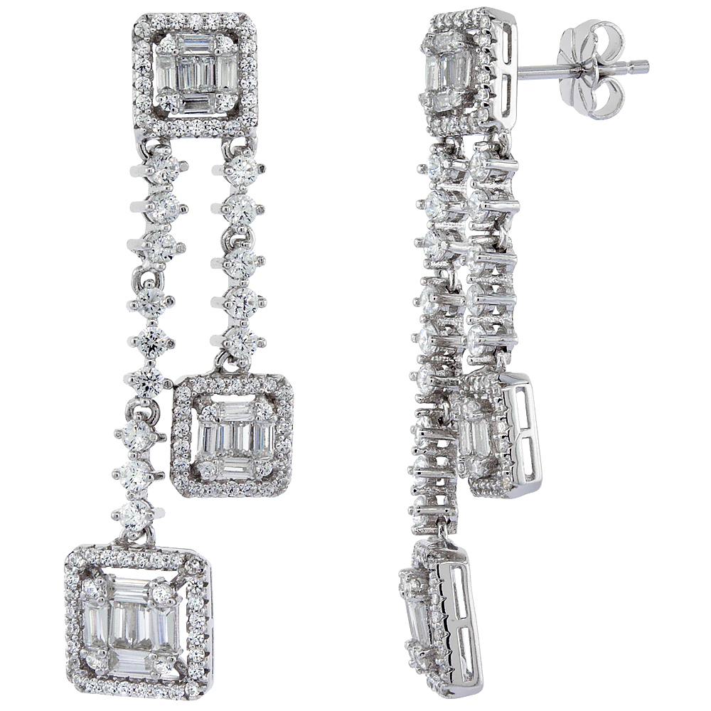 Sterling Silver Cubic Zirconia Baguette Double Dangle Earrings, 3/8 inch wide