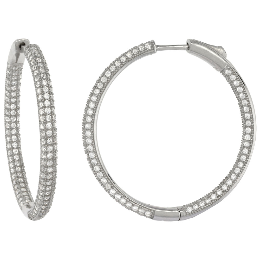 Sterling Silver Micro Pave CZ Inside-Out Round Hoop Earrings Rhodium Finish, 1 3/8 inch wide