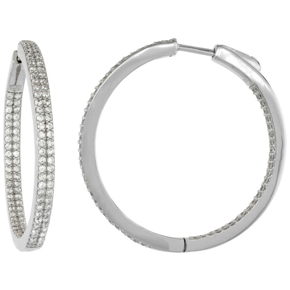 Sterling Silver 2-row Micro Pave CZ Inside-Out Flat Round Hoop Earrings Rhodium Finish, 1 3/8 inch wide